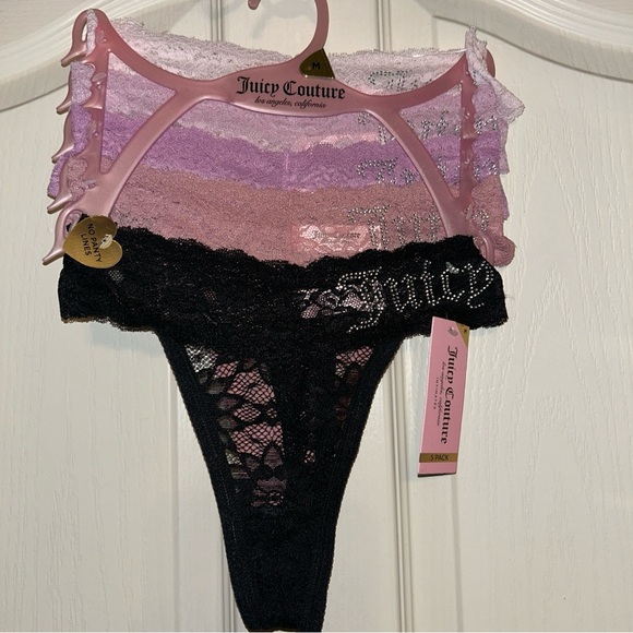 Juicy Couture Lace Thong Panties Womens Large 5 Pair Bling Logo Assorted Colors - Picture 1 of 7